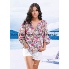 Women Woven Rose Print Long Sleeves V Necked Blouse Wholesale China OEM